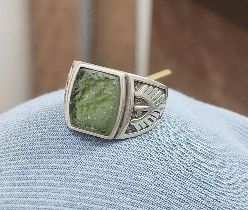 Czech Republic Moldavite Wings Ring Silver Signet Mens Ring Gift For Birthday