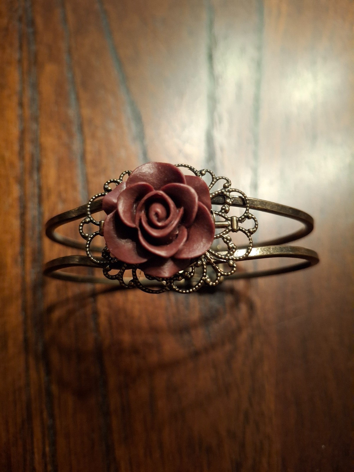 Brass with Burgundy Rose Hinge Bracelet