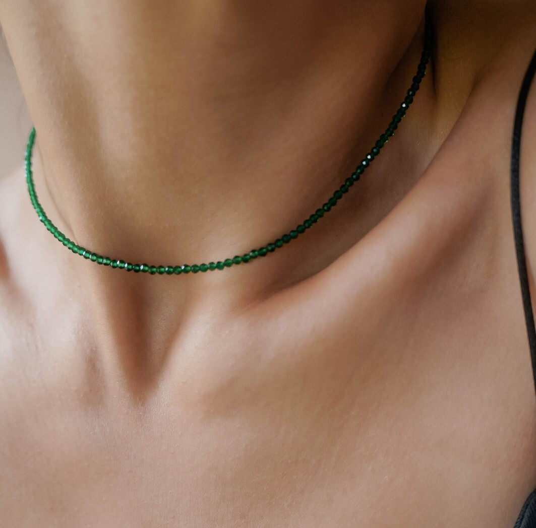 Green Emerald 2mm Beaded Crystal Choker Healing Dainty Minimalist Necklace