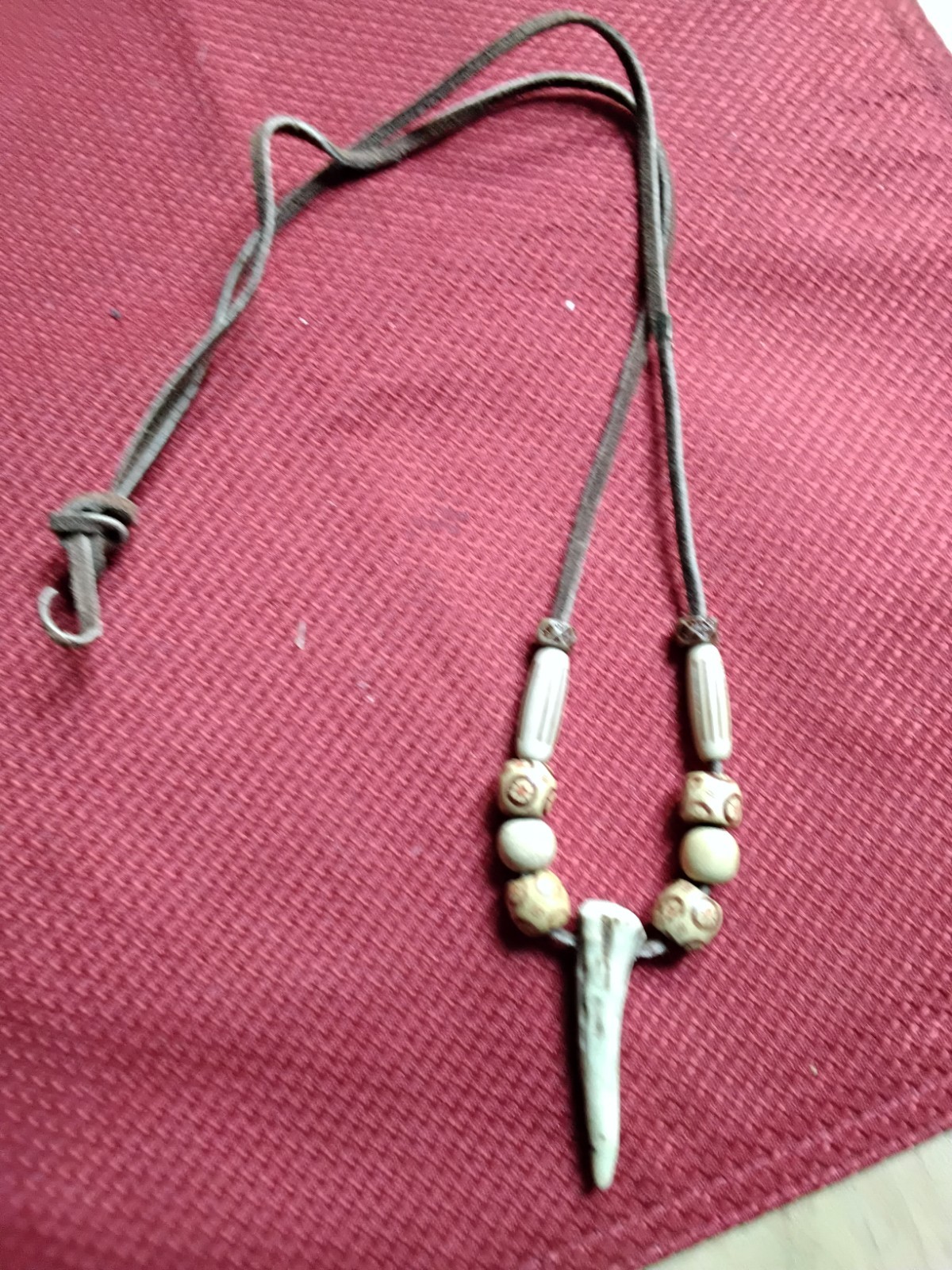 Deer antler necklace w/beads, leather lace strap 17 inches in length