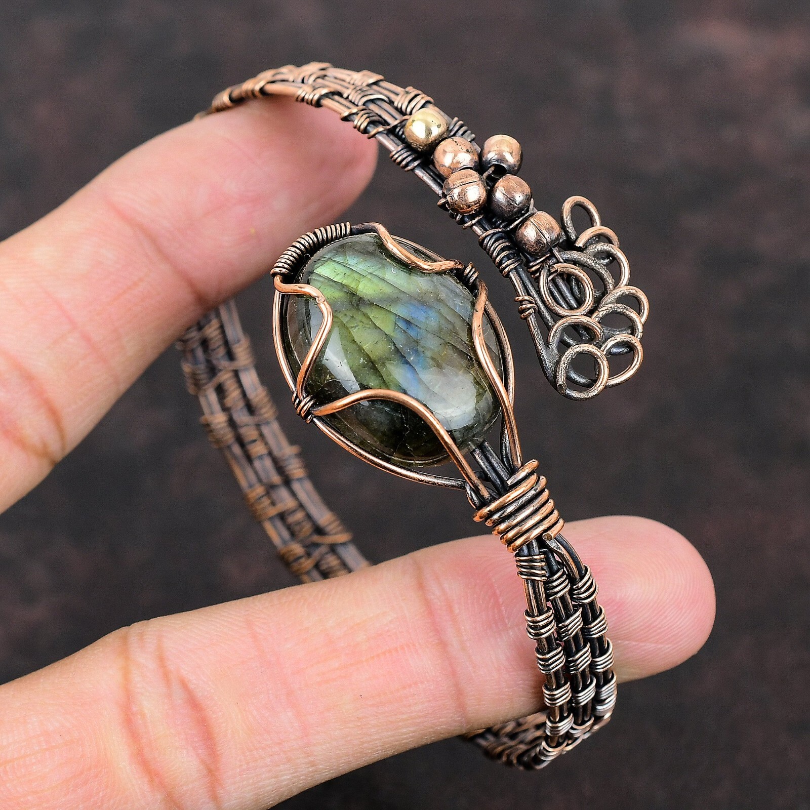 Labradorite Copper Gift For Bridesmaid Wire Wrapped Adjustable Bangle