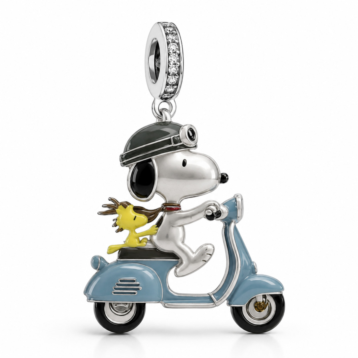S925 Sterling Silver Snoopys Dog Riding Scooter Pendant Charm Necklace simulated