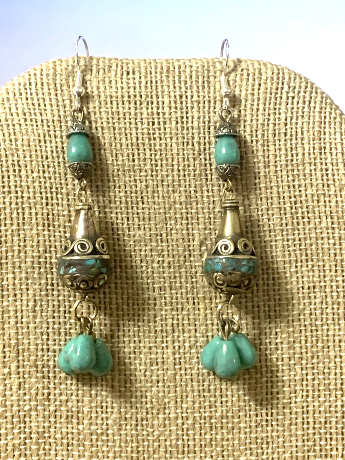 NEW ITEM* HANDCRAFTED NEPAL BEAD &TURQUOISE EARRINGS*-.925 STERLING EAR WIRE-NEW