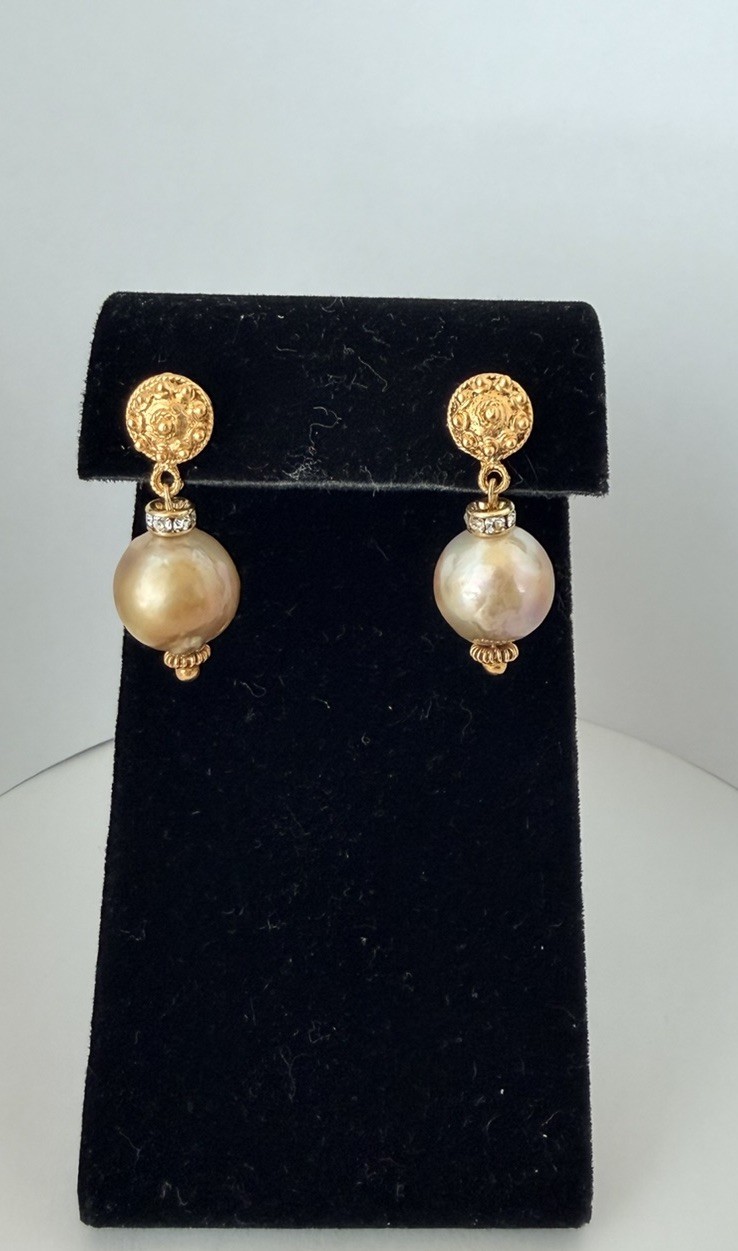 Lustrous Freshwater Baroque 12mm Champagne Pearl Vermeil Drop Earrings with Cz