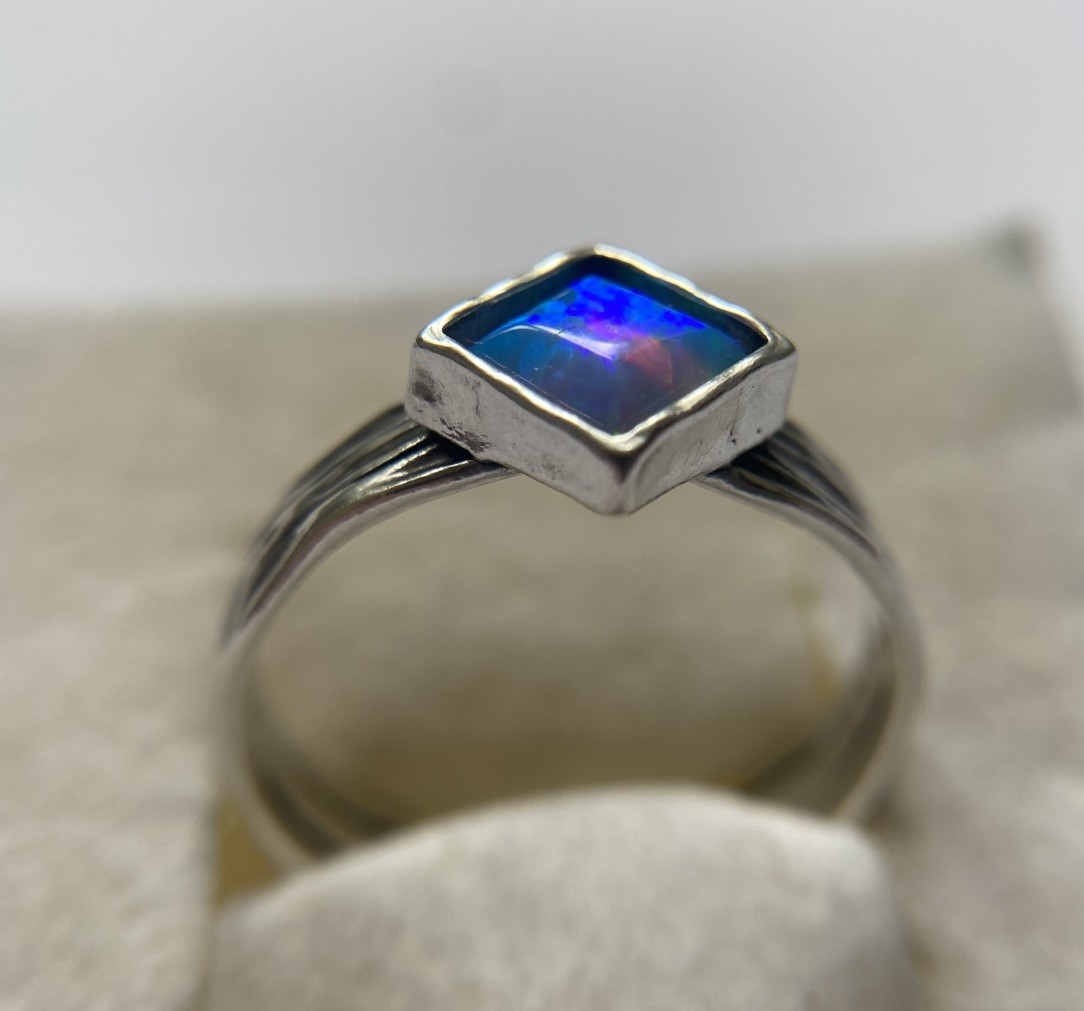 Sterling Silver, Square Bezel Set Lab Opal, Ring By PZ Creations