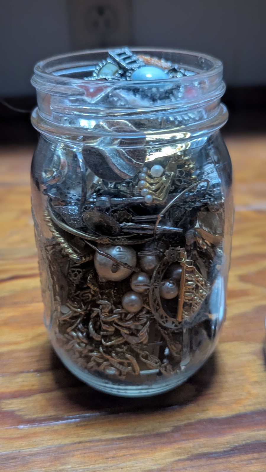 Unsearched Vintage Jewelry Lot Mason Jar Brooches Chains Beads Estate