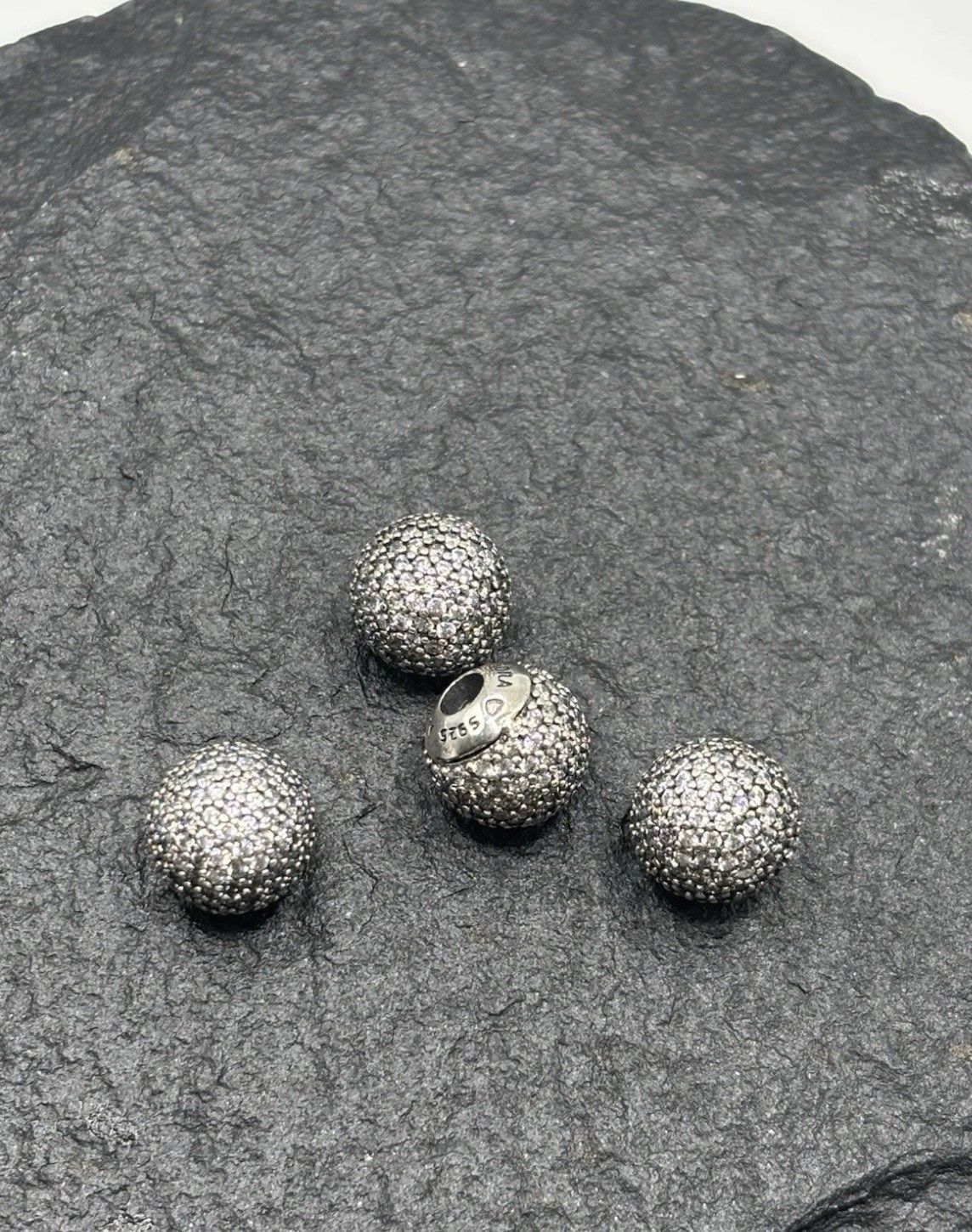 Name Brand S925 ALE Silver Pavé Round Large Hole Charm Beads CZ Lot of 4