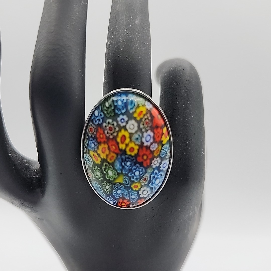 Multicolor Millefiori Murano Glass Stainless Steel Cocktail Ring Size 8, Italy