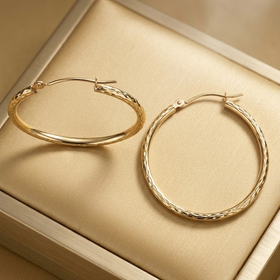 10K Yellow Gold Diamond Cut Hoop Earrings 30mm x 2mm Sparkling Everyday Hoops
