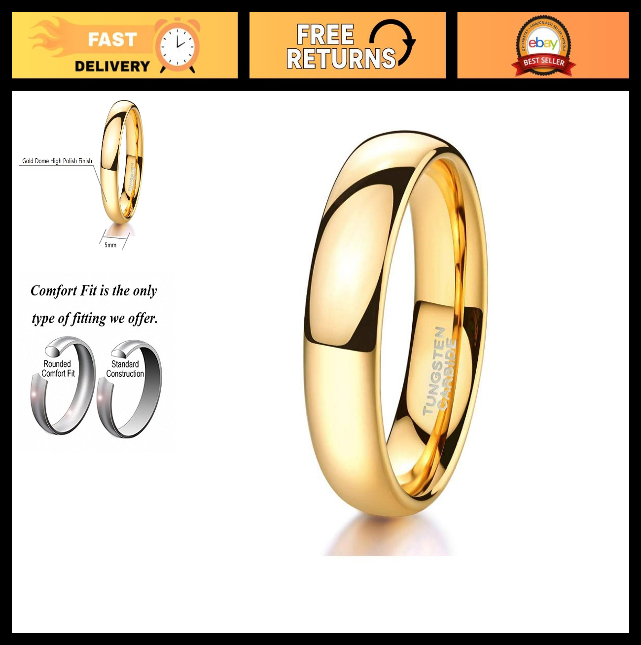 Tungsten Wedding Band Ring 1mm-8mm Plain Dome Comfort Fit Gold/Rose Gold/Silver