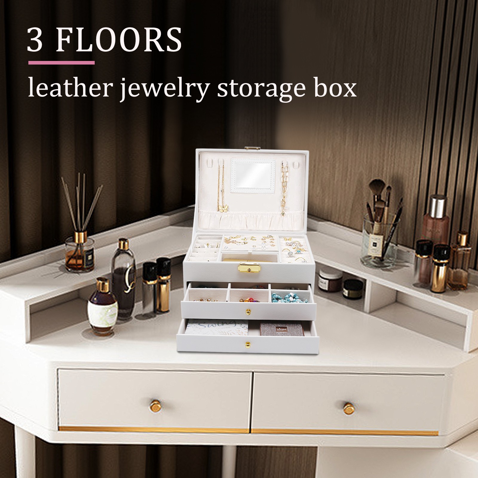 White 3-Layer Jewelry Box Portable Travel Storage Case with Mirror & Lock Key