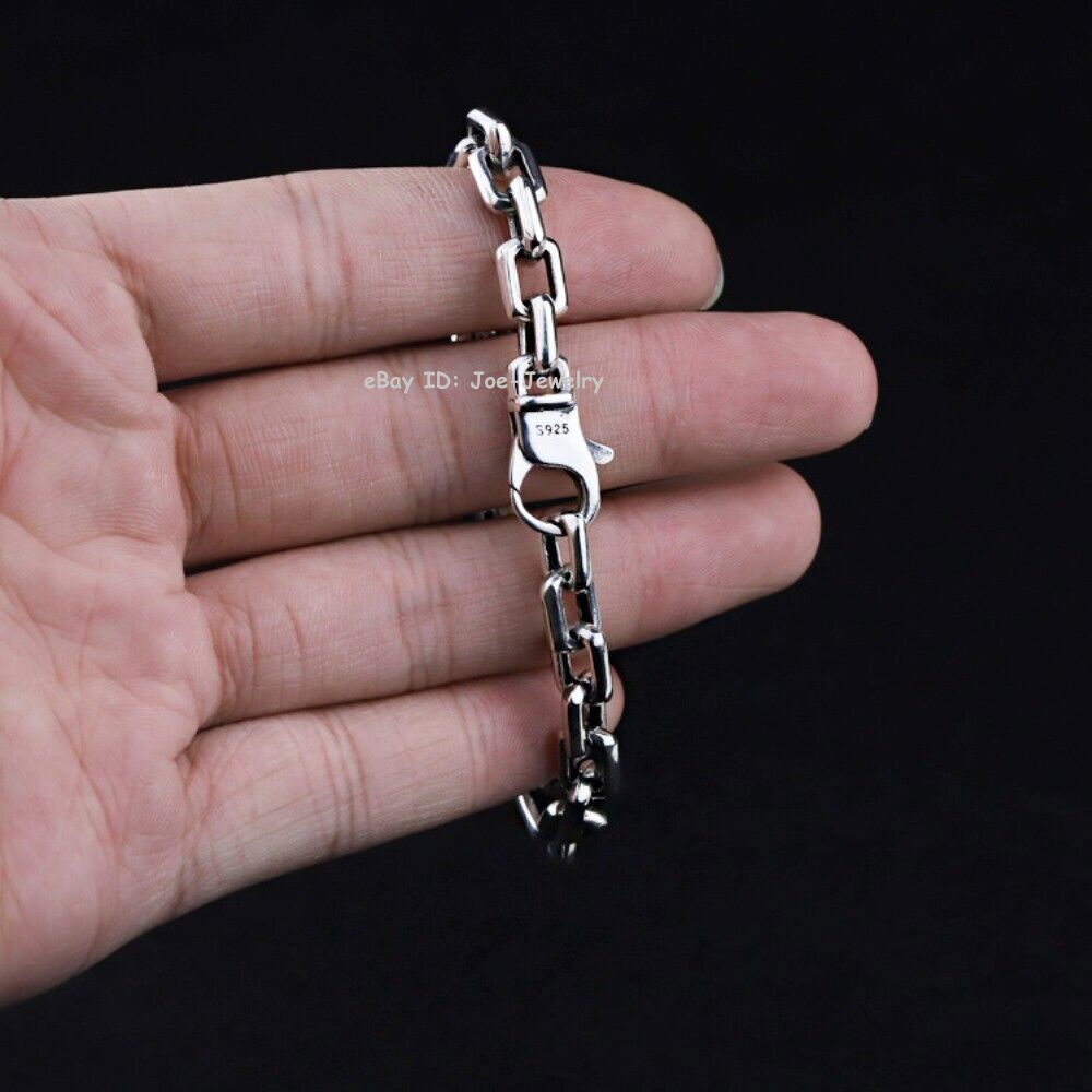 Real 925 Sterling Silver Men’s Bracelet 7mm Rectangle Cable Link 7.87inch