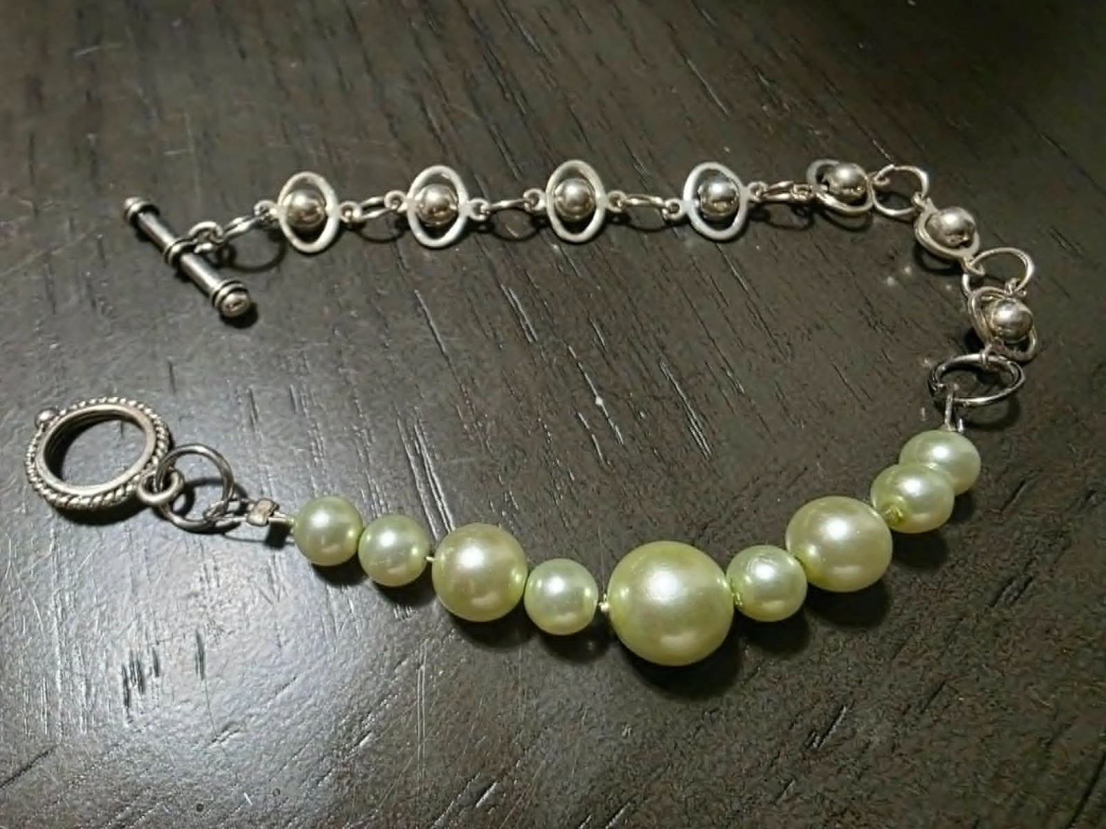 Very Light Green Faux Pearl & Silver Metal Bracelet | Simple Elegant Bracelet