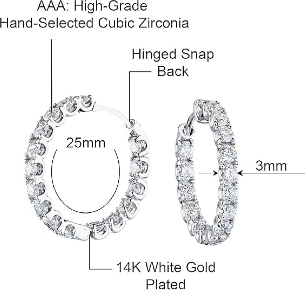 18k White Gold Plated Cubic Zirconia Inside Out 25MM Round Hoop Earrings