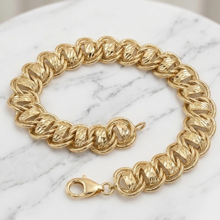 14K Yellow Gold Diamond Cut Railroad Bracelet Double Curb Link 6.75″ – 8″ QVC