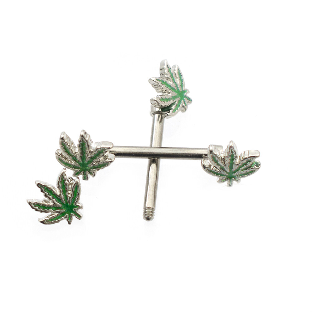 Nipple Barbells with Forward Facing Pot Leaf Design 14ga Sold as a Pair Surgical