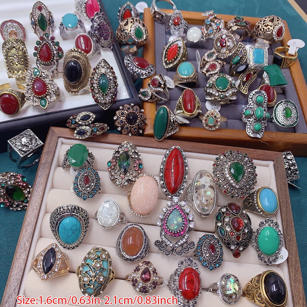 Vintage Elegant Ring For Women Men, 10pc Random Rings Inlaid Synthetic Turquoise