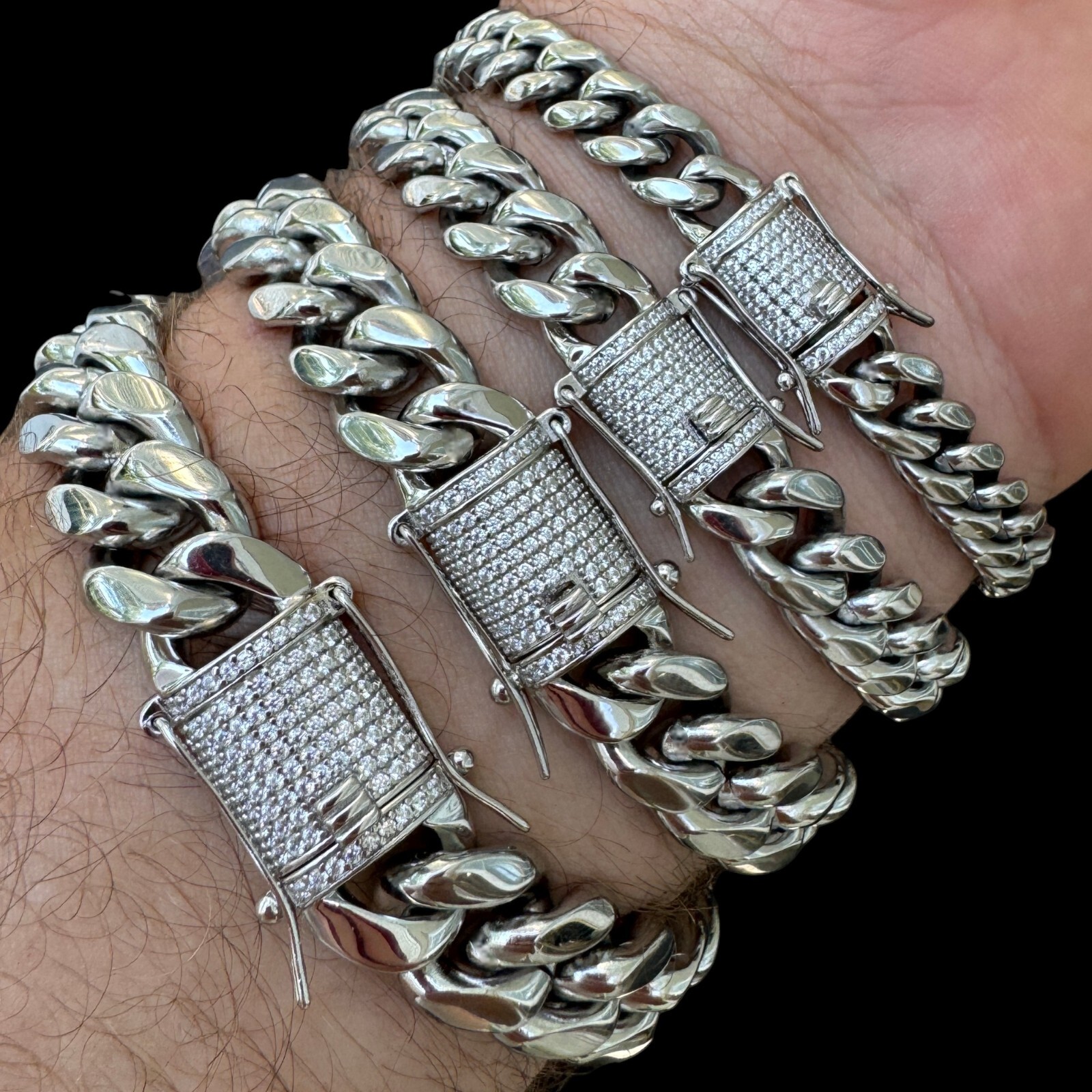 Miami Cuban Link Stainless Steel Bracelet 1ct CZ Iced 925 Silver Clasp 8mm-14mm
