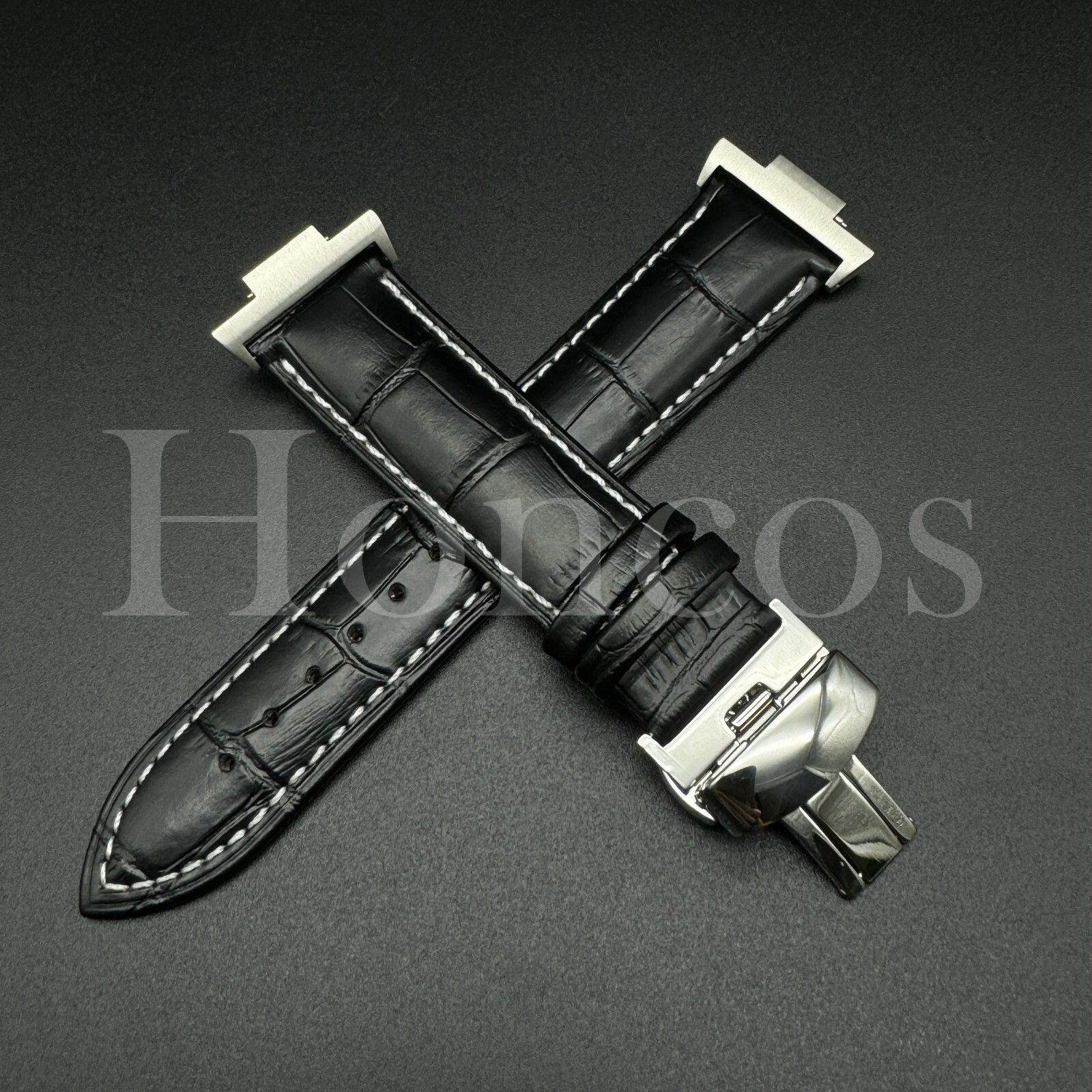 Genuine Leather Alligator Watch Strap Fits for Tissot PRX Clasp+Adapter Black/WT