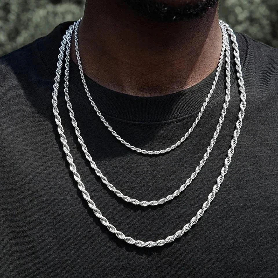 4mm Diamond Cut Solid 925 Sterling Silver Italian Rope Chain Men’s Necklace