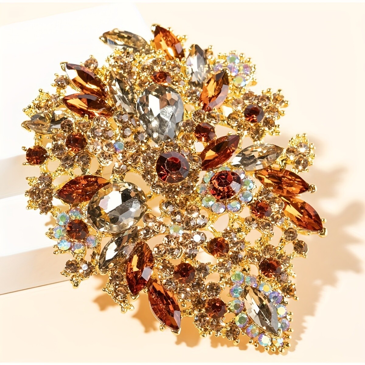 Luxury Rhinestone Brooch Pin, Elegant Gold Plated Sparkling Gemstone Accessory