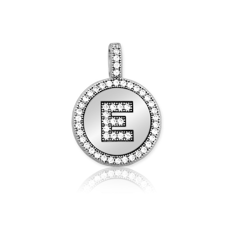Sterling Silver Sparkling Micro Pave Circle “E” Pendant W/Chain Rhodium Plated