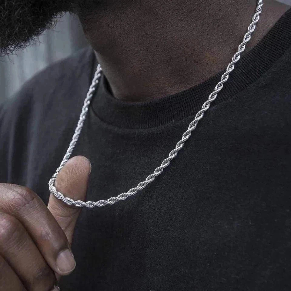 4mm Diamond Cut Solid 925 Sterling Silver Italian Rope Chain Men’s Necklace