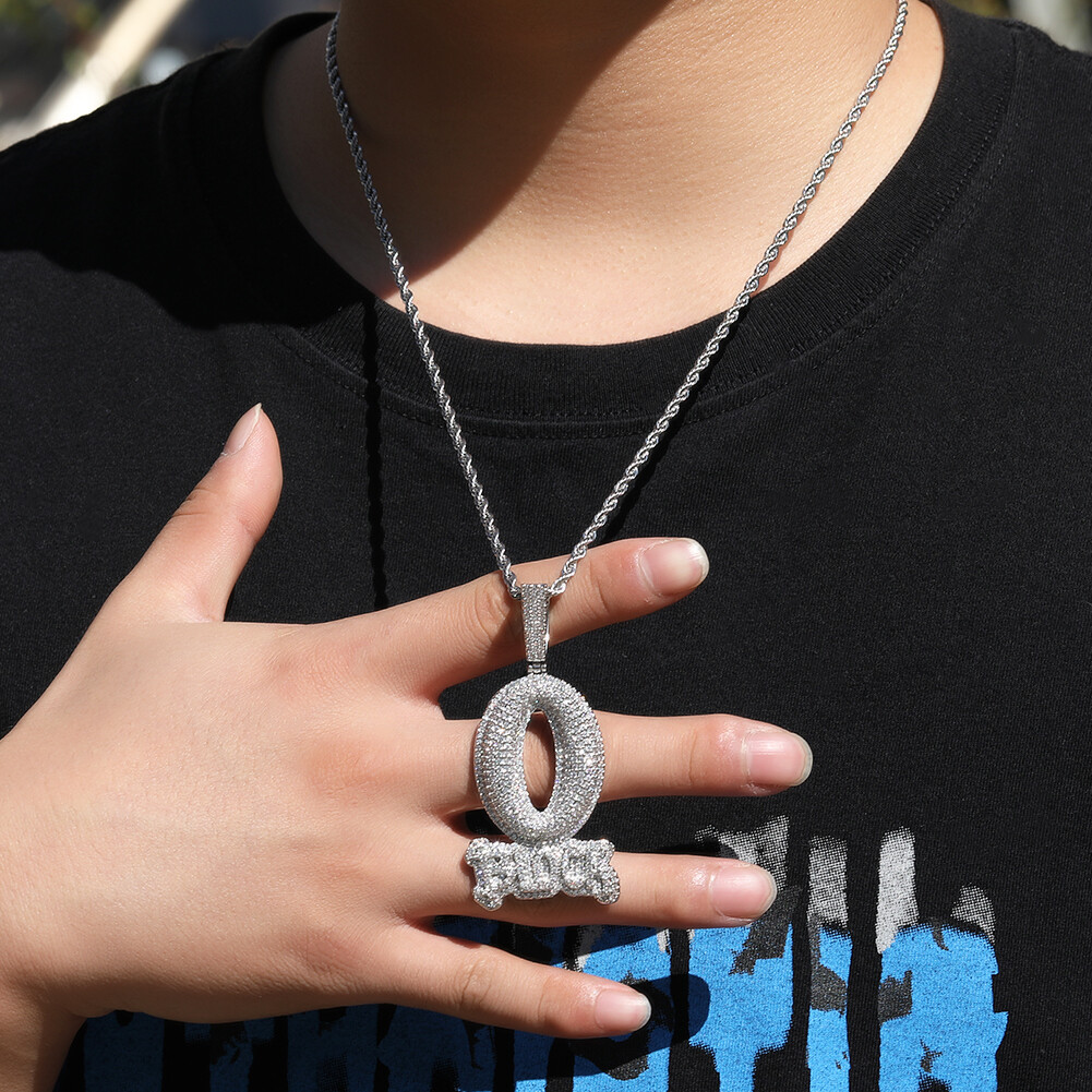 Hip Hop Art Letter “O-BLOCK” Pendant Necklace Bling Full Zircon Men Jewelry Gift