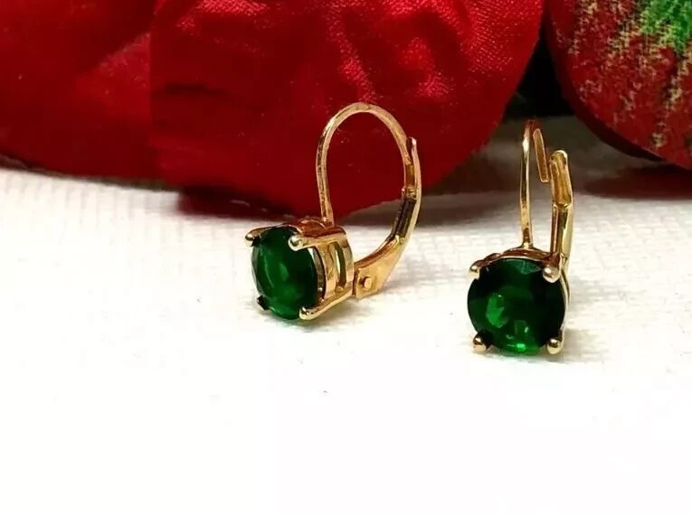 14K Yellow Gold Plated In2Ct Round Cut Simulated Emerald Drop Clip On Earring