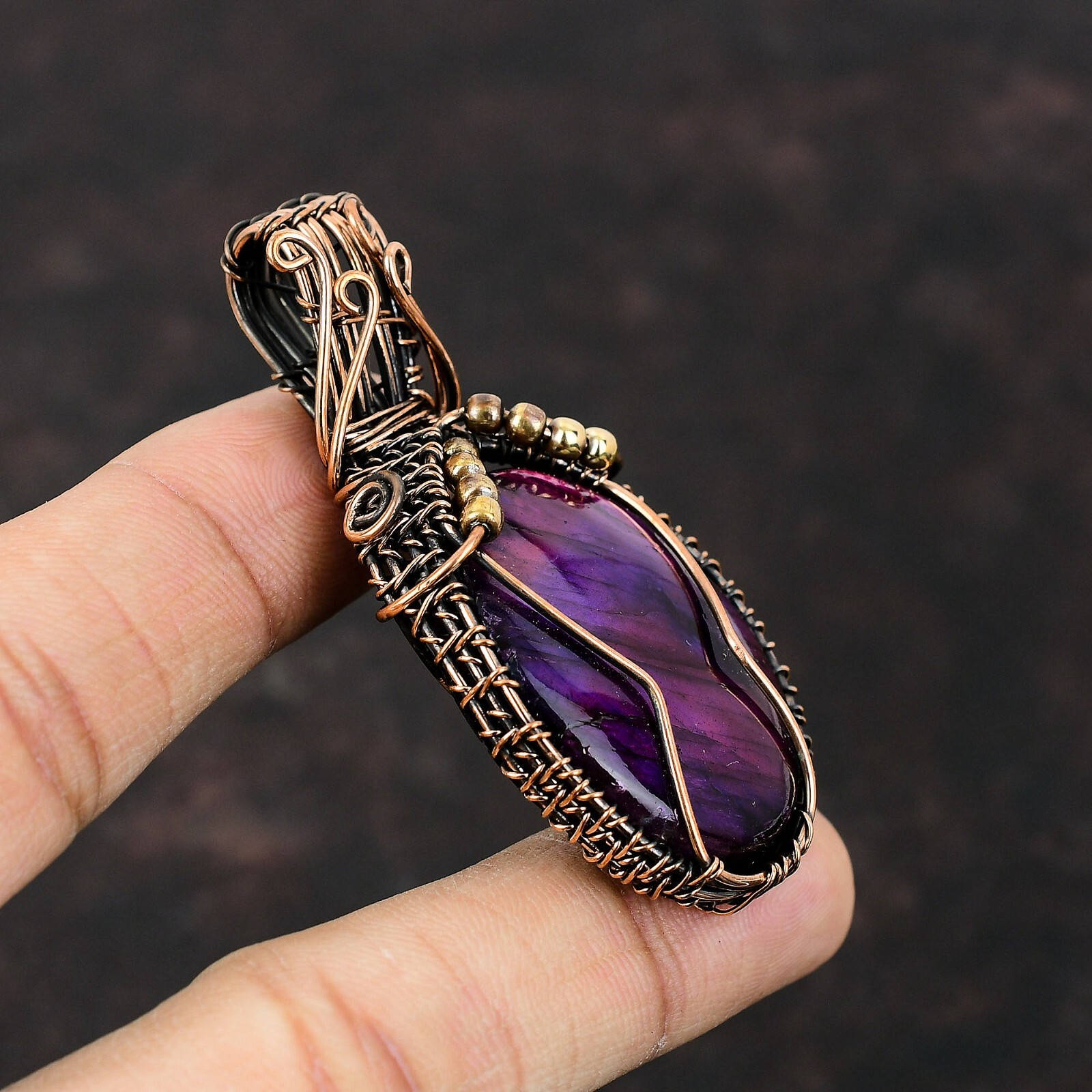 Pink & Purple Fire Labradorite Copper Gift For Love Wire Wrapped Pendant 2.56″