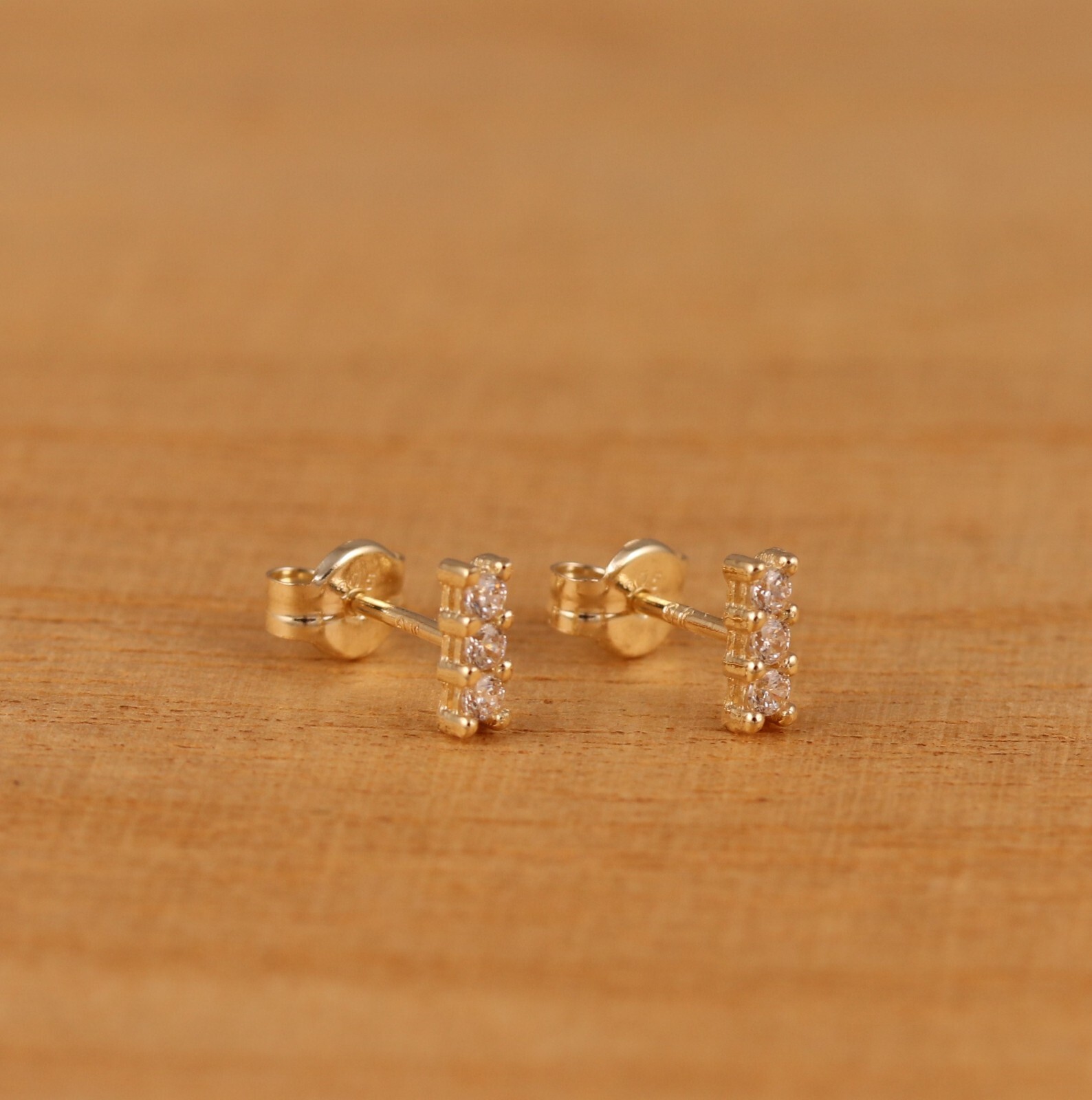 Genuine 9ct Gold Trinity CZ Bar Stud Earrings a Pair Gift Boxed