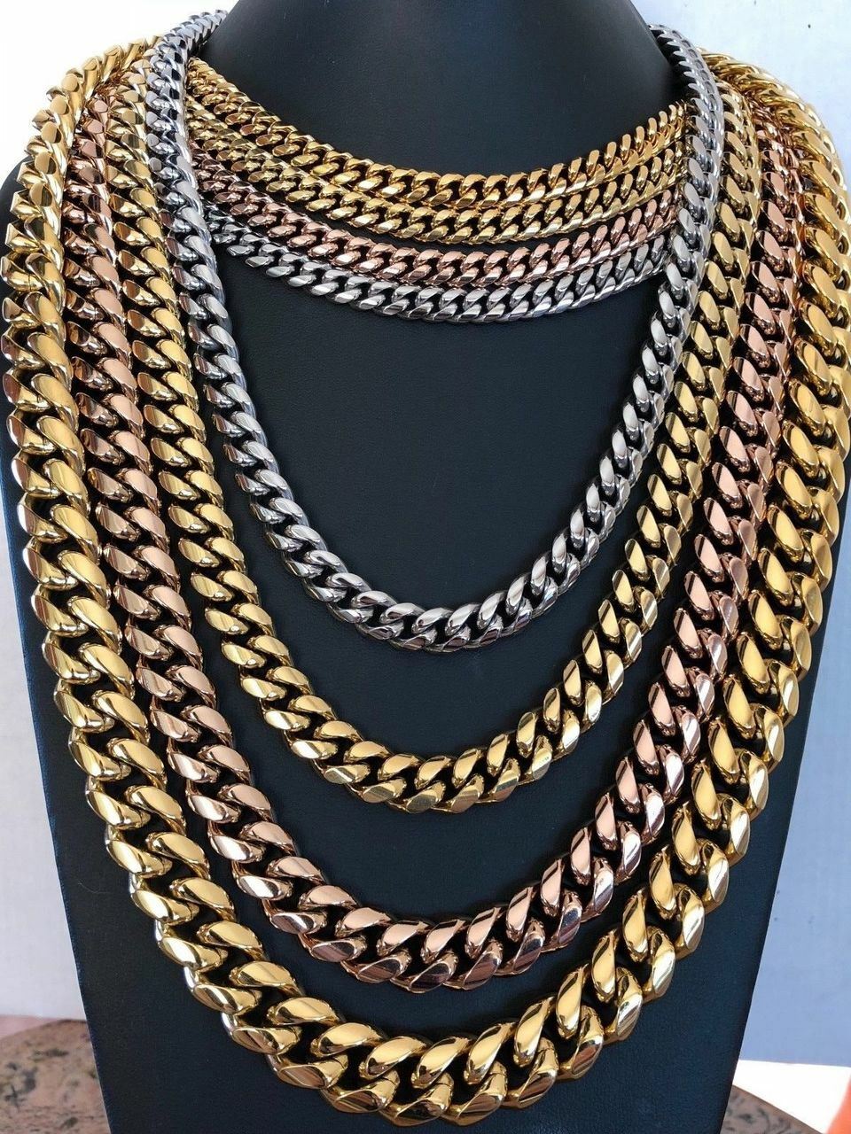 Miami Cuban Link Chain Rose Gold Plated Stainless Steel 8-18mm Yellow/Rose/White
