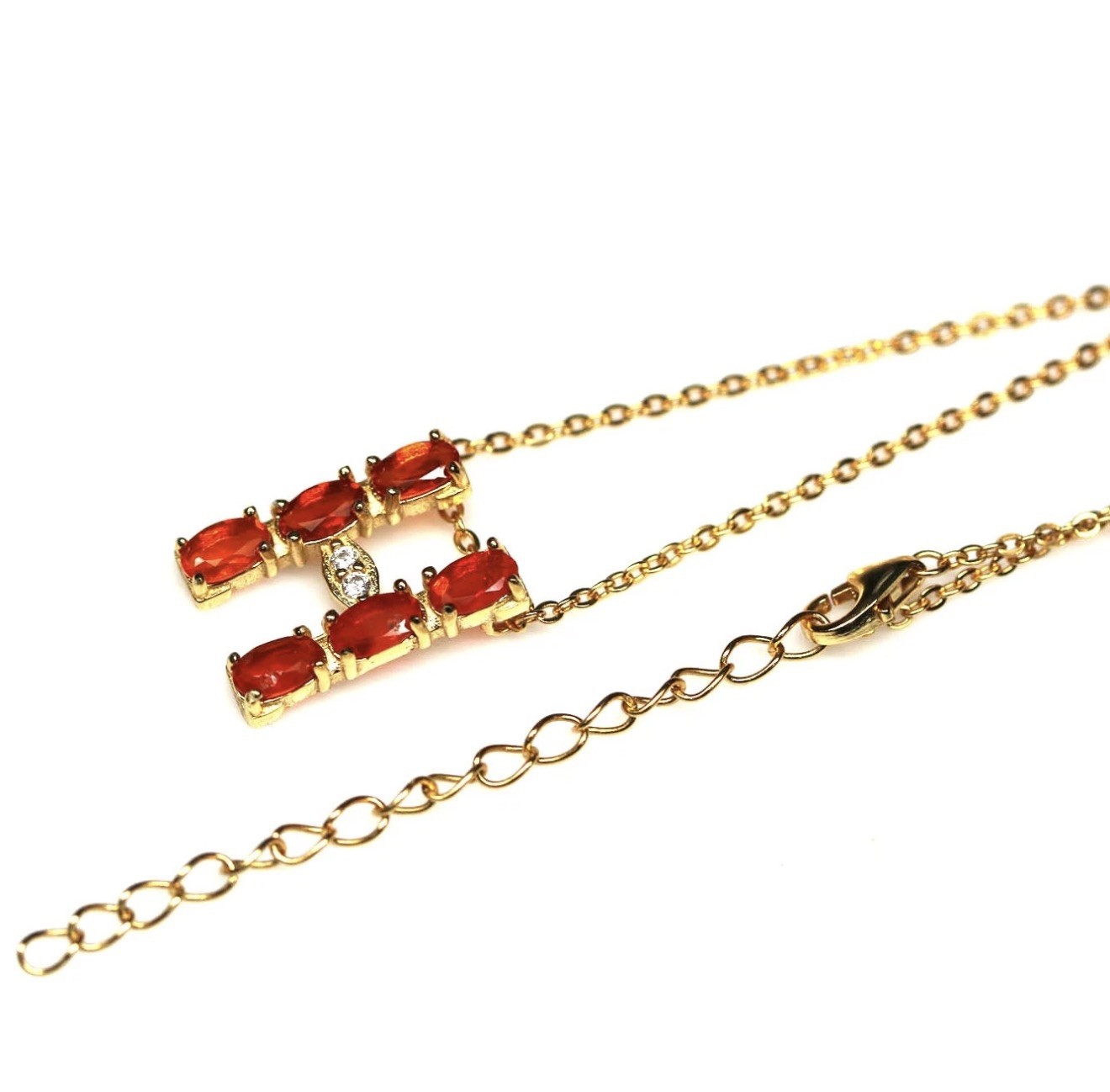Natural Orange Fire Opal Initial “H” Pendant Necklace 18K Gold over 925 SS 20 in