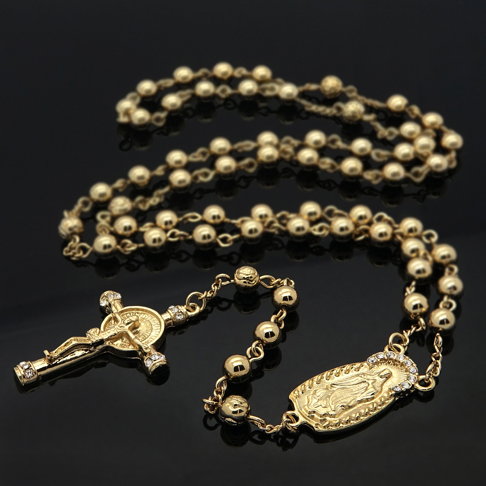 Cubic-Zirconia 5mm GOLD Plated Beads 14k (Guadalupe) Rosary & Jesus Cross Men’s