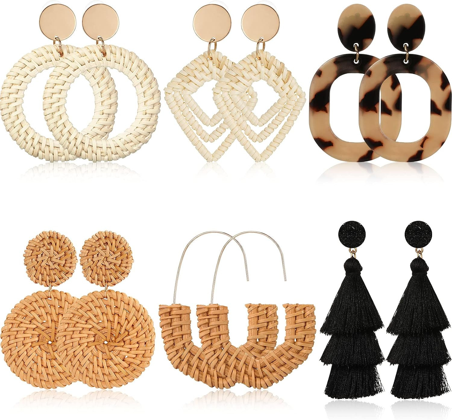 6 Pair Bohemian Earrings Rattan Earrings Straw Tassel Fashion Geometric for Wome