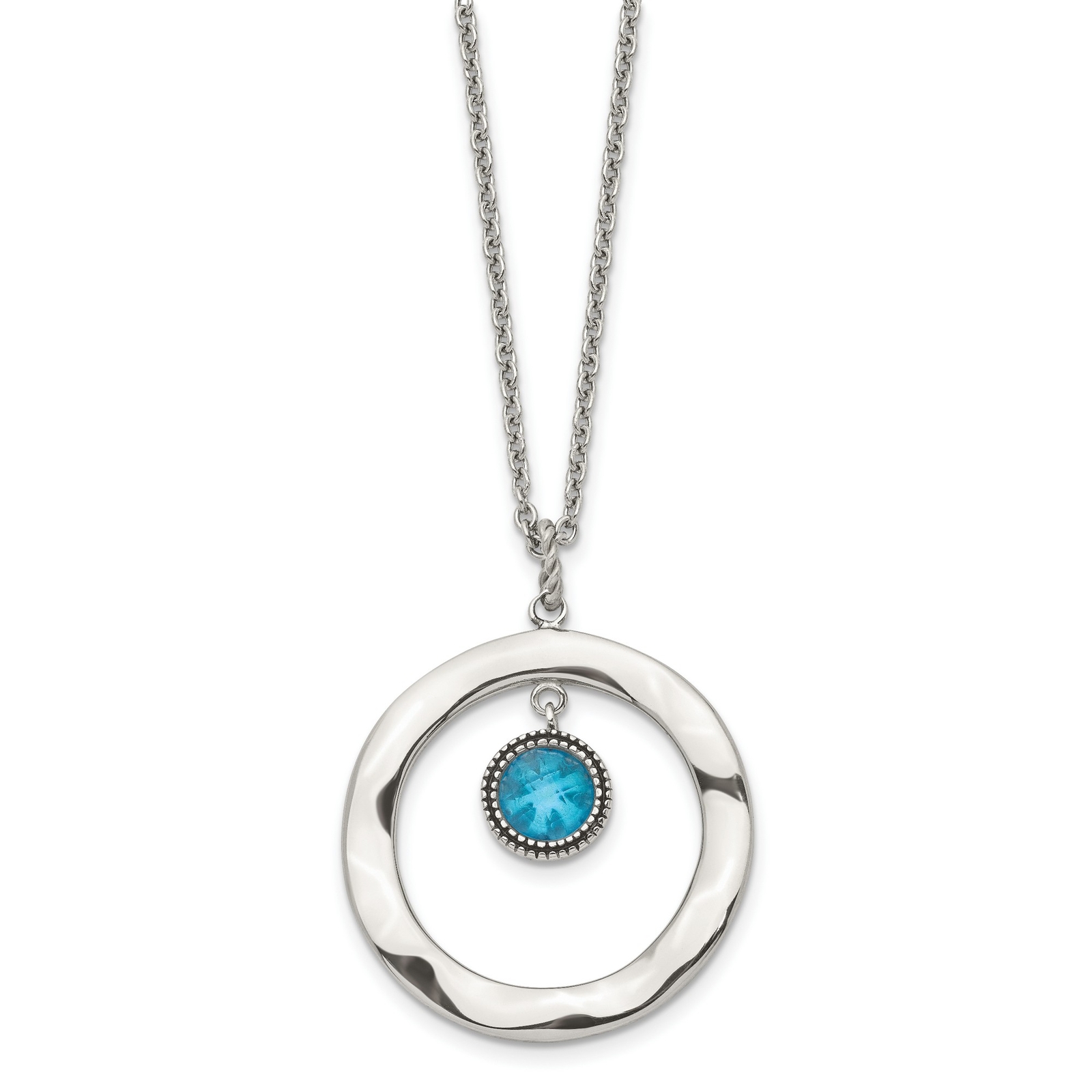Stainless Steel Polished Blue Glass Circle 2 Inch Extension Necklace
