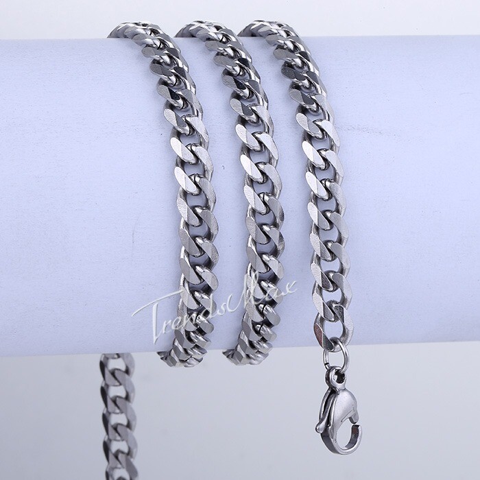 5mm 16-36″ Silver Stainless Steel Curb Cuban Chain Necklace Choker for Men Women