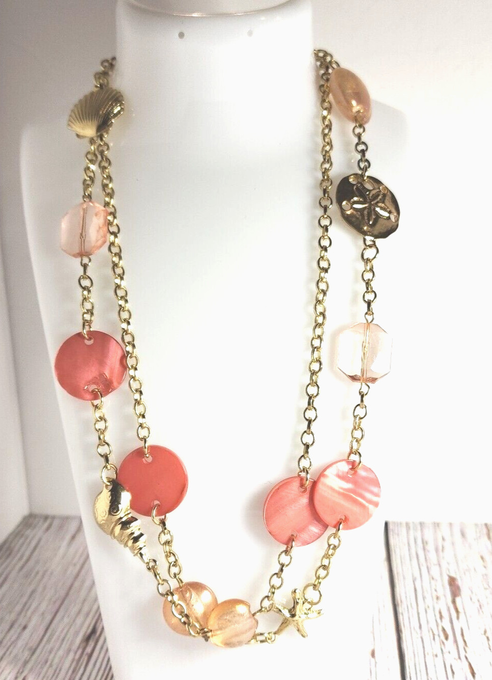 Vitnage Coral Colored Nautical Goldtone Seashell Necklace 36″