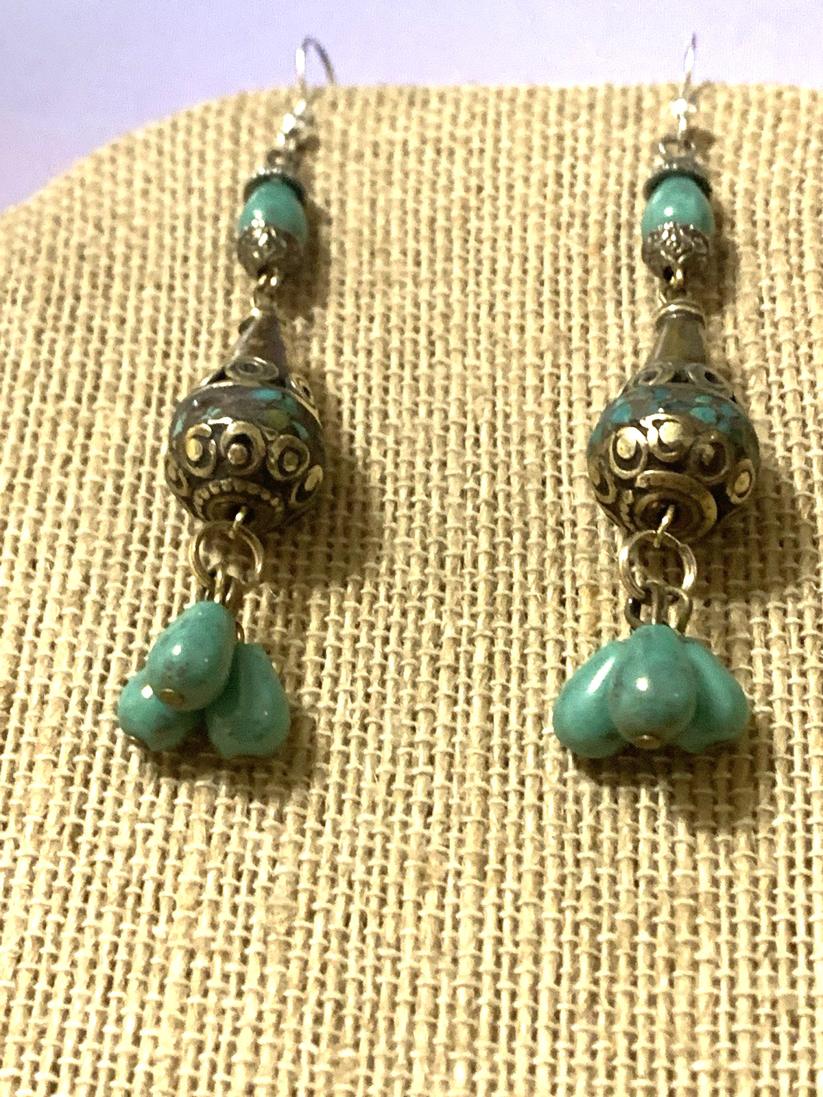 NEW ITEM* HANDCRAFTED NEPAL BEAD &TURQUOISE EARRINGS*-.925 STERLING EAR WIRE-NEW