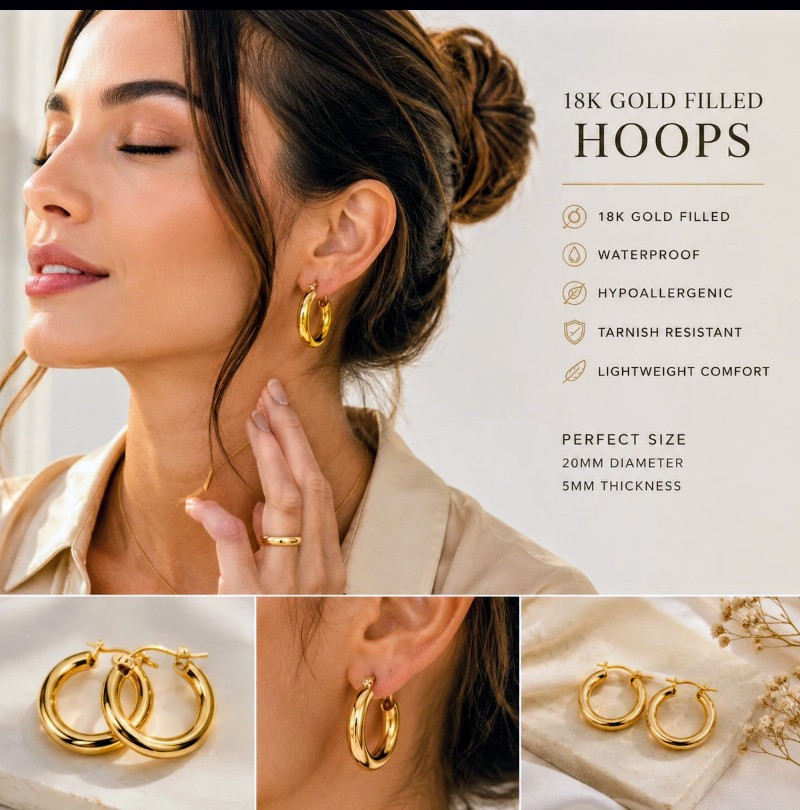 18k Gold Filled Hoops, everyday wear, waterproof, earrings for women