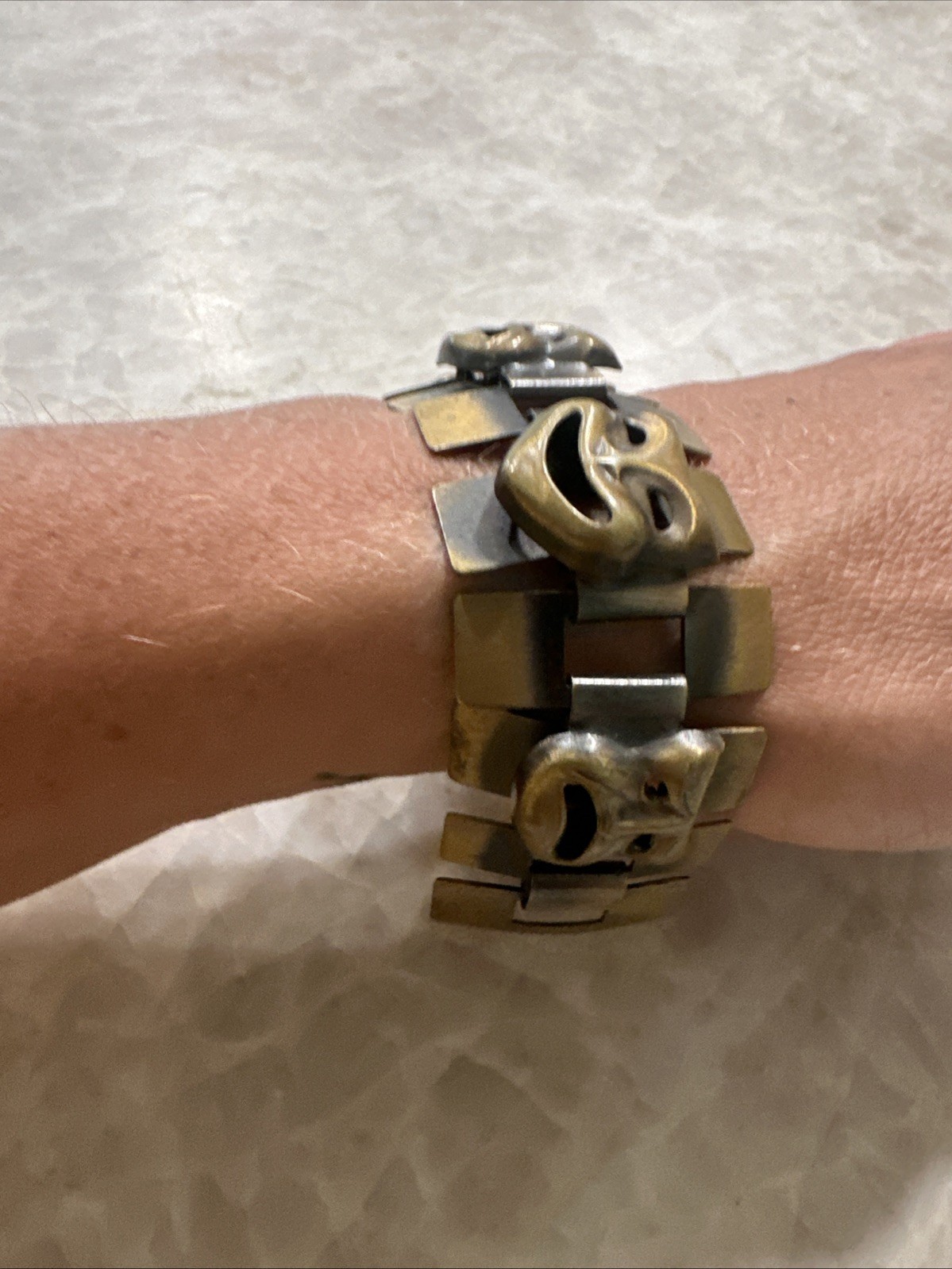 Vintage Brass Tone Comedy Tragedy Theater Mask Panel Bracelet MCM Unsigned