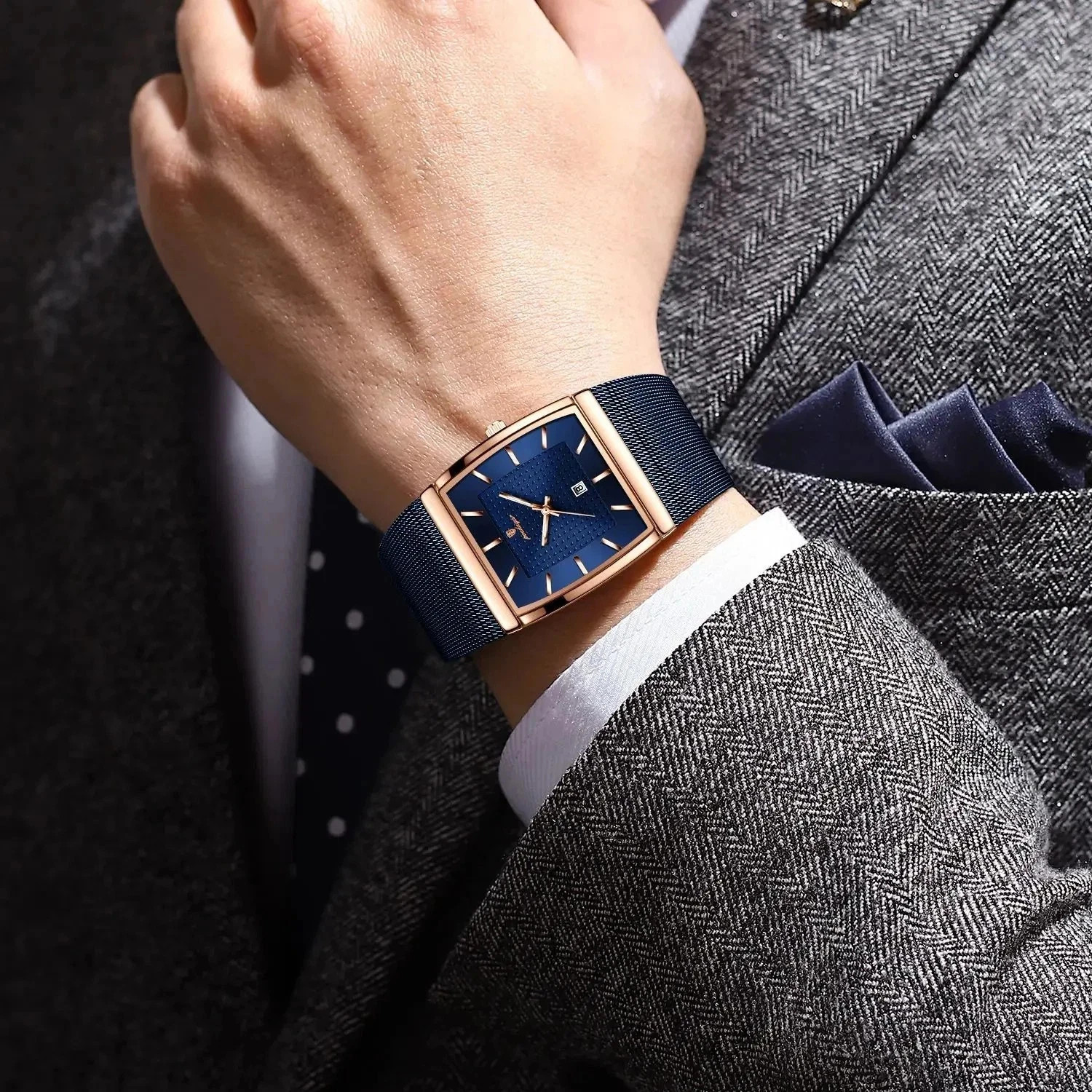 Luxury Men’s Watch Rectangle Steel Mesh Waterproof Luminous Date Quartz