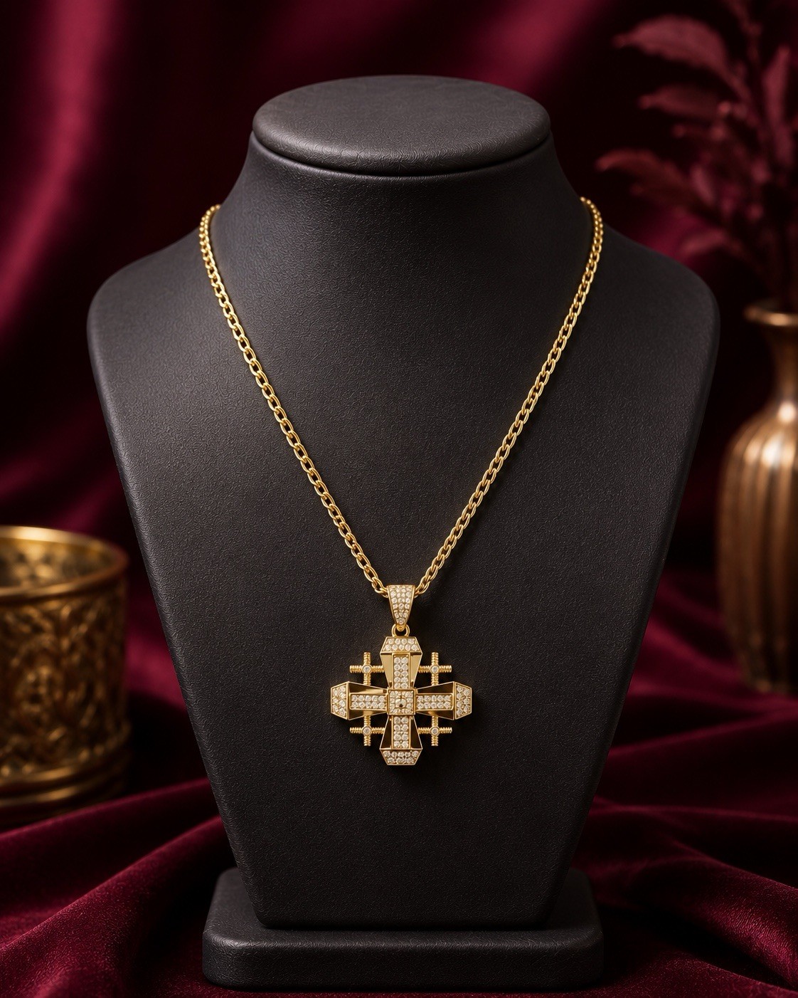 Yellow Gold Plated Curb Chain Cross Charm Necklace Clear Rhinestone Pavé