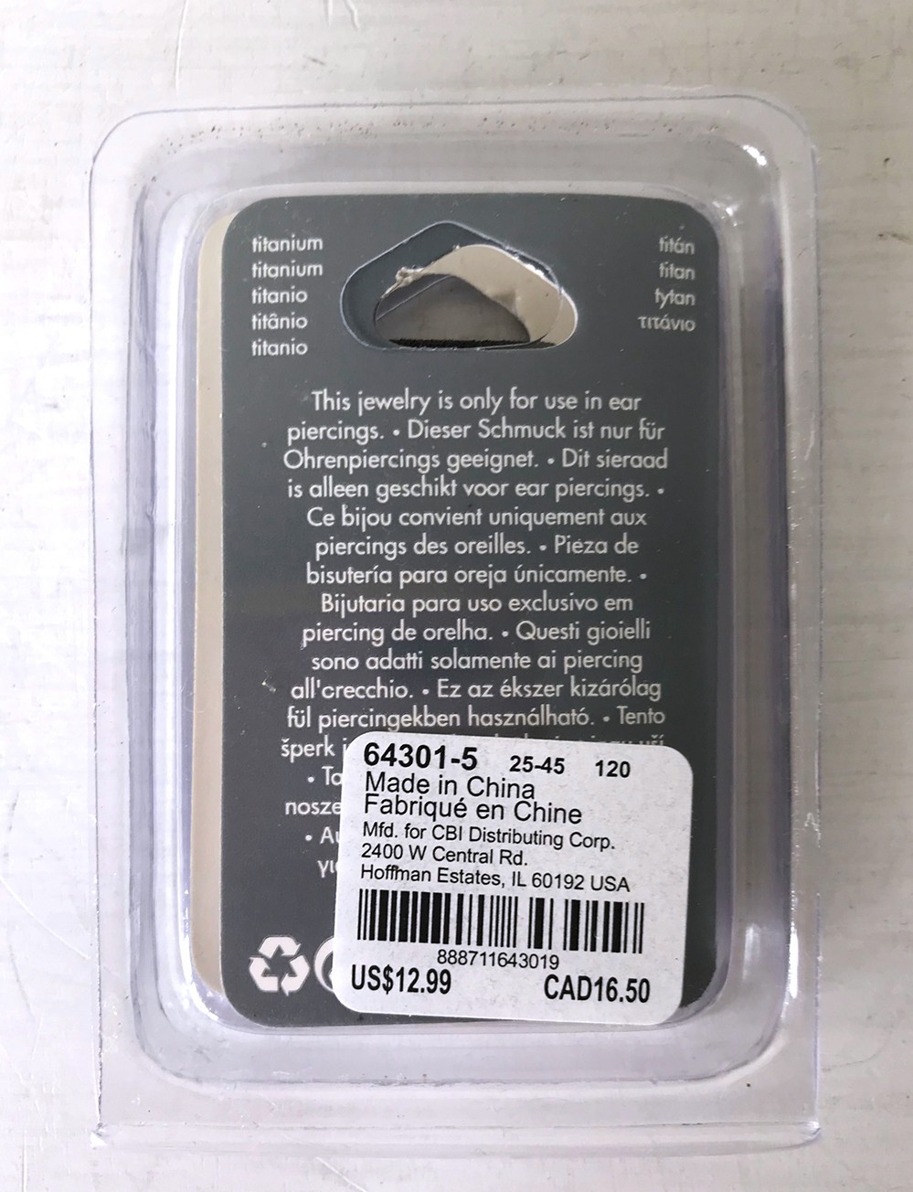 Claire’s 20G/0.8 mm Titanium Ear Hoop, New in Package.