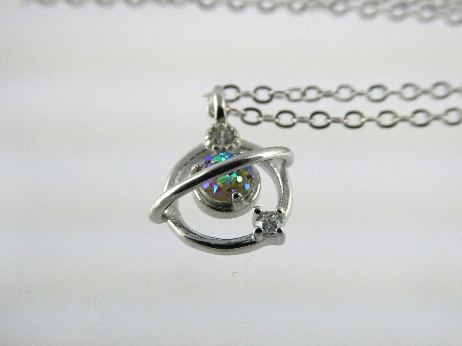 Sterling Silver Druzy Gemstone Planet Pendant Necklace 2.1 Grams 17 Inches