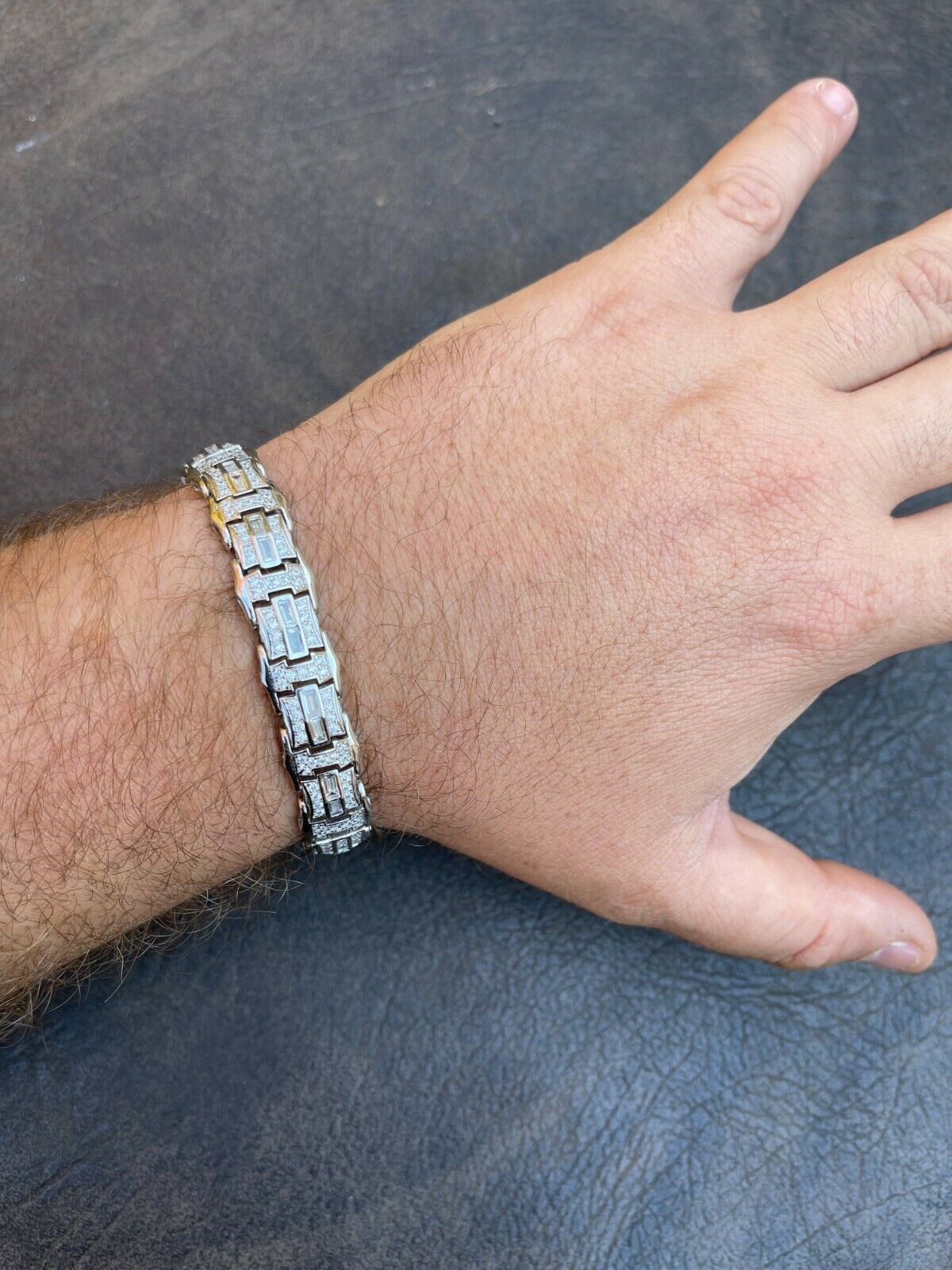 Men’s Real 925 Sterling Silver Iced Baguette Hip Hop Bust Down CZ Bracelet