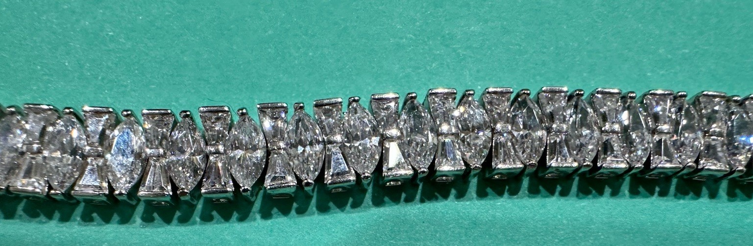 FE 925 Sterling Silver Tennis Bracelet Marquise & Tapered Baguette Stones 7.5”