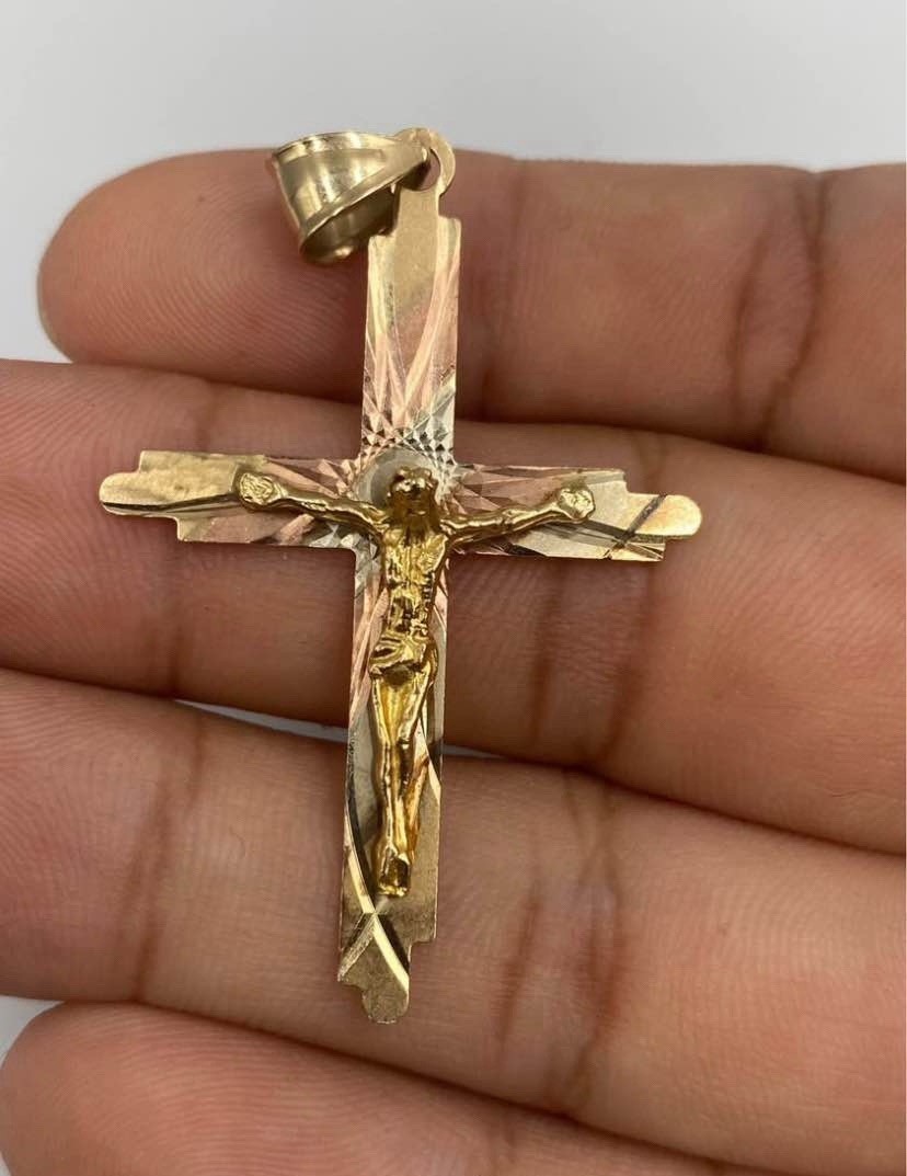 14k Solid Yellow, Rose & White Gold tri-color Crucifix Pendent 2.92g