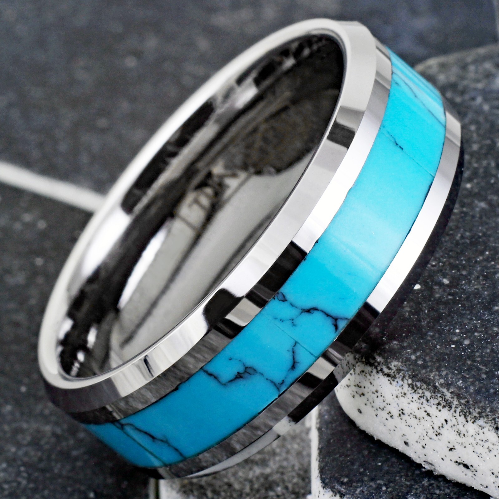 Tungsten Carbide Men’s Turquoise Inlaid Comfort Fit Wedding Band Ring Size 5-13
