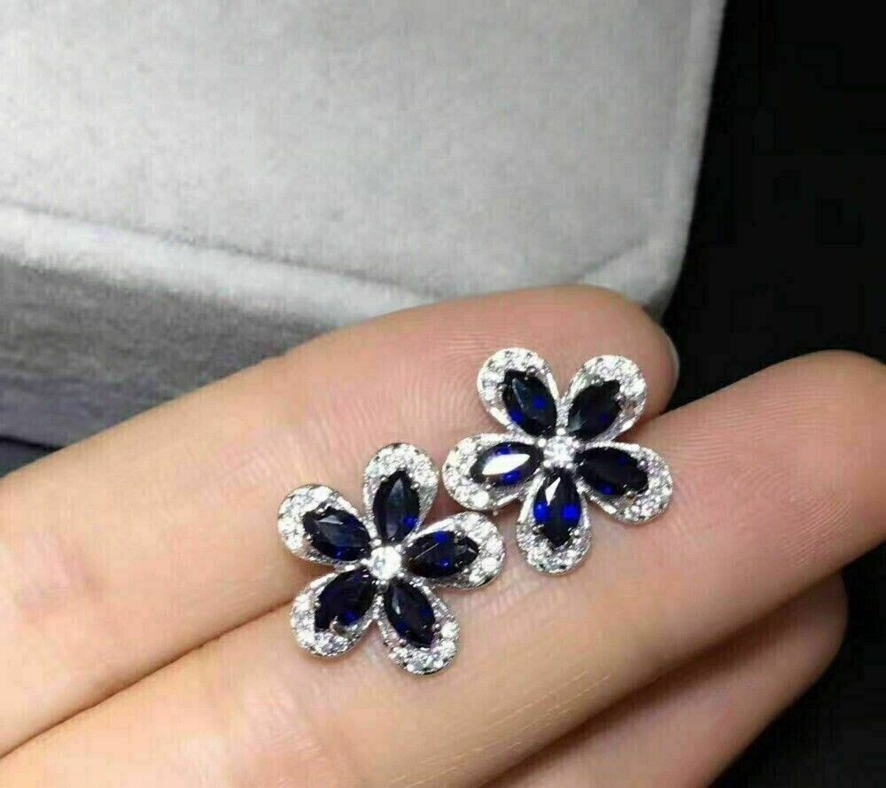 2Ct Marquise Cut Simulated Sapphire Flower Stud Earrings 14K White Gold Plated